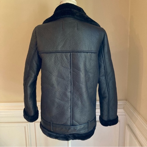 ZARA Black Faux Leather Fur Funnel Neck Moto Aviator Jacket Coat - Picture 13 of 16